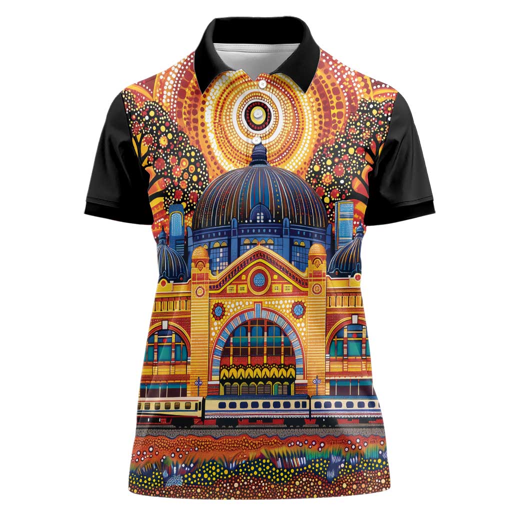 Australian Flinders Street Railway Station Women Polo Shirt Aboriginal Dot Painting