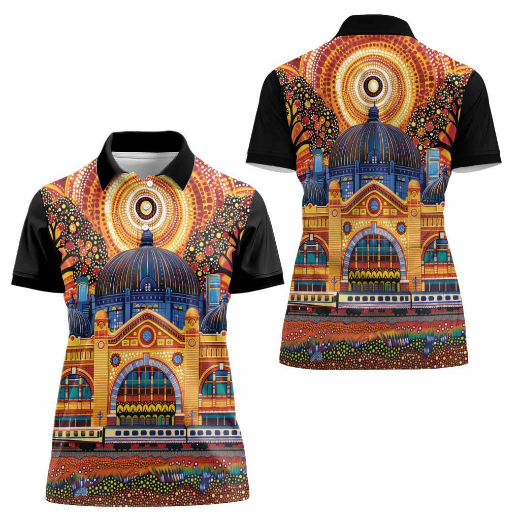 Australian Flinders Street Railway Station Women Polo Shirt Aboriginal Dot Painting