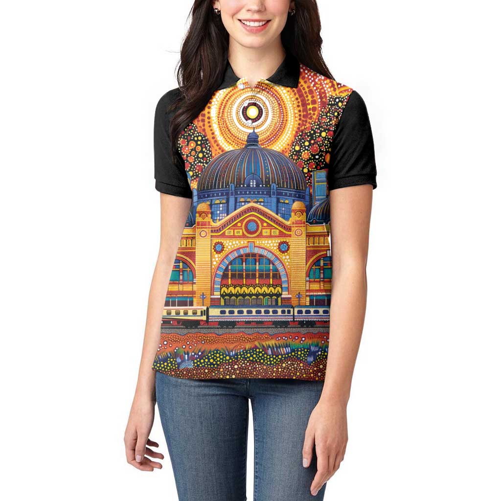 Australian Flinders Street Railway Station Women Polo Shirt Aboriginal Dot Painting