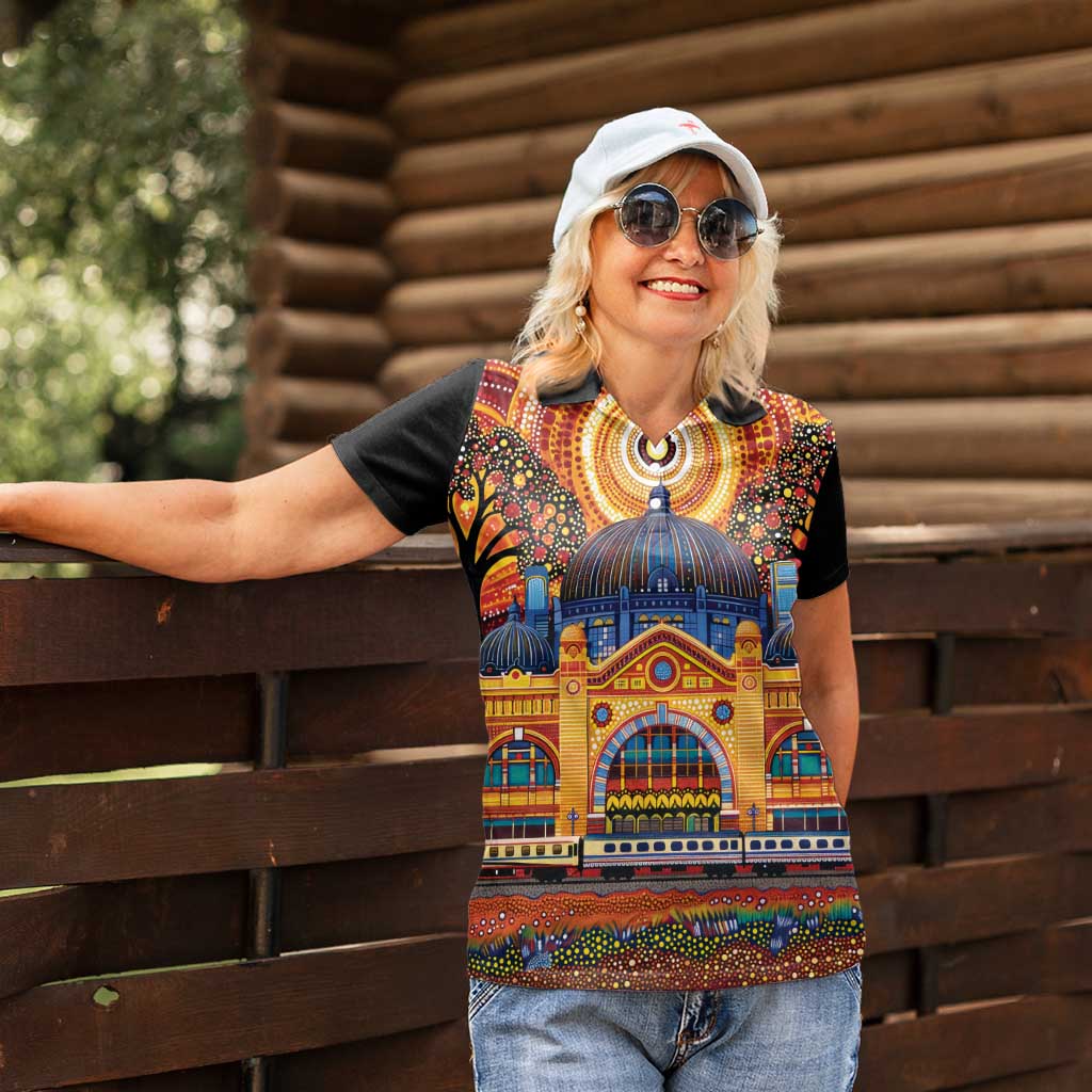 Australian Flinders Street Railway Station Women Polo Shirt Aboriginal Dot Painting