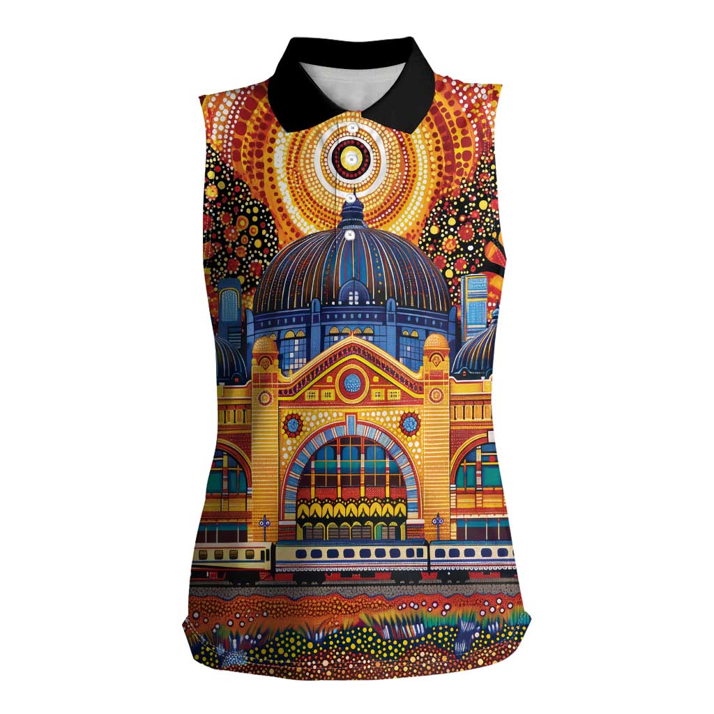 Australian Flinders Street Railway Station Women Sleeveless Polo Shirt Aboriginal Dot Painting
