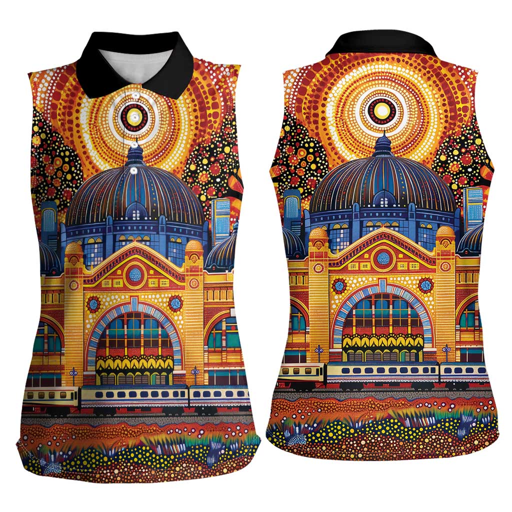 Australian Flinders Street Railway Station Women Sleeveless Polo Shirt Aboriginal Dot Painting