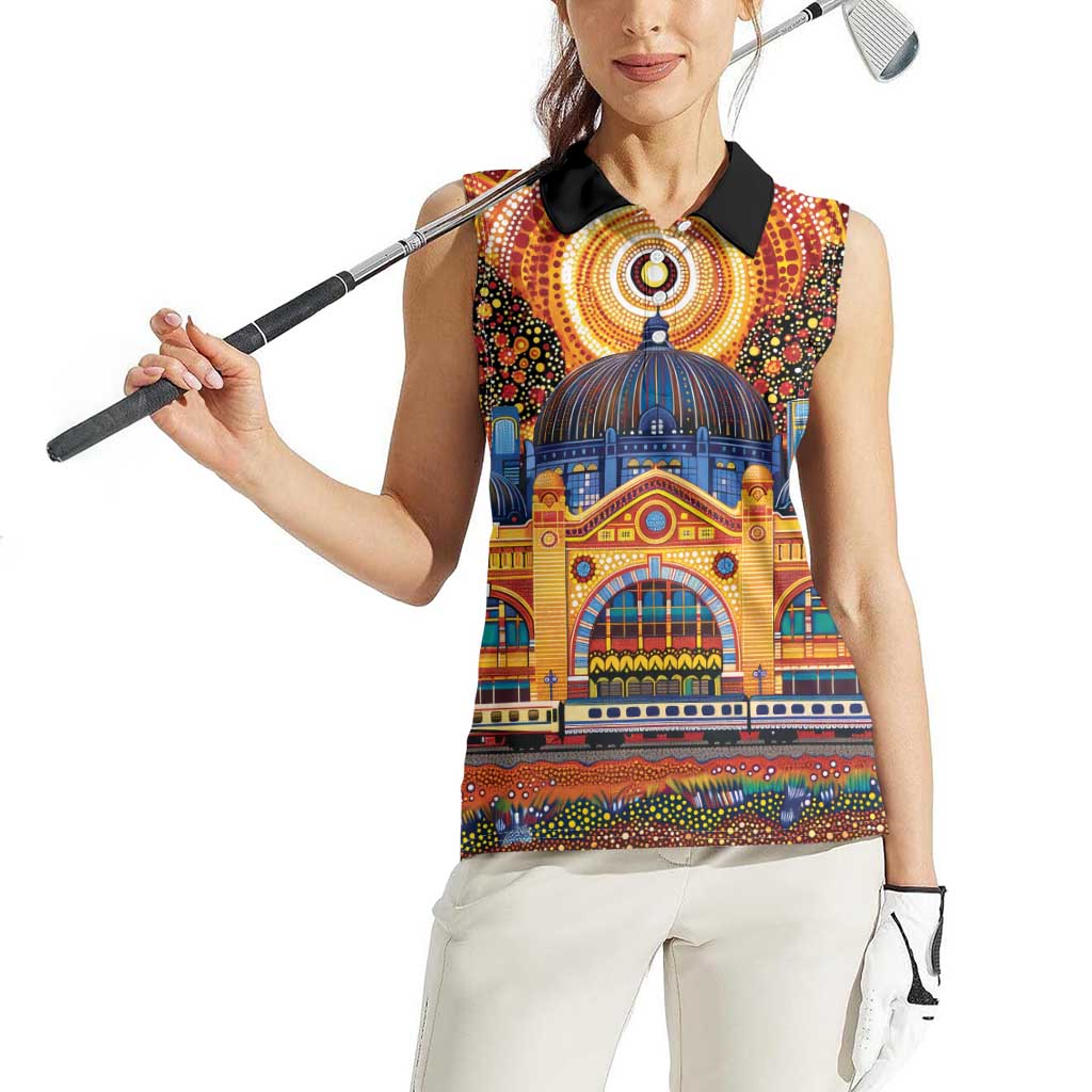 Australian Flinders Street Railway Station Women Sleeveless Polo Shirt Aboriginal Dot Painting