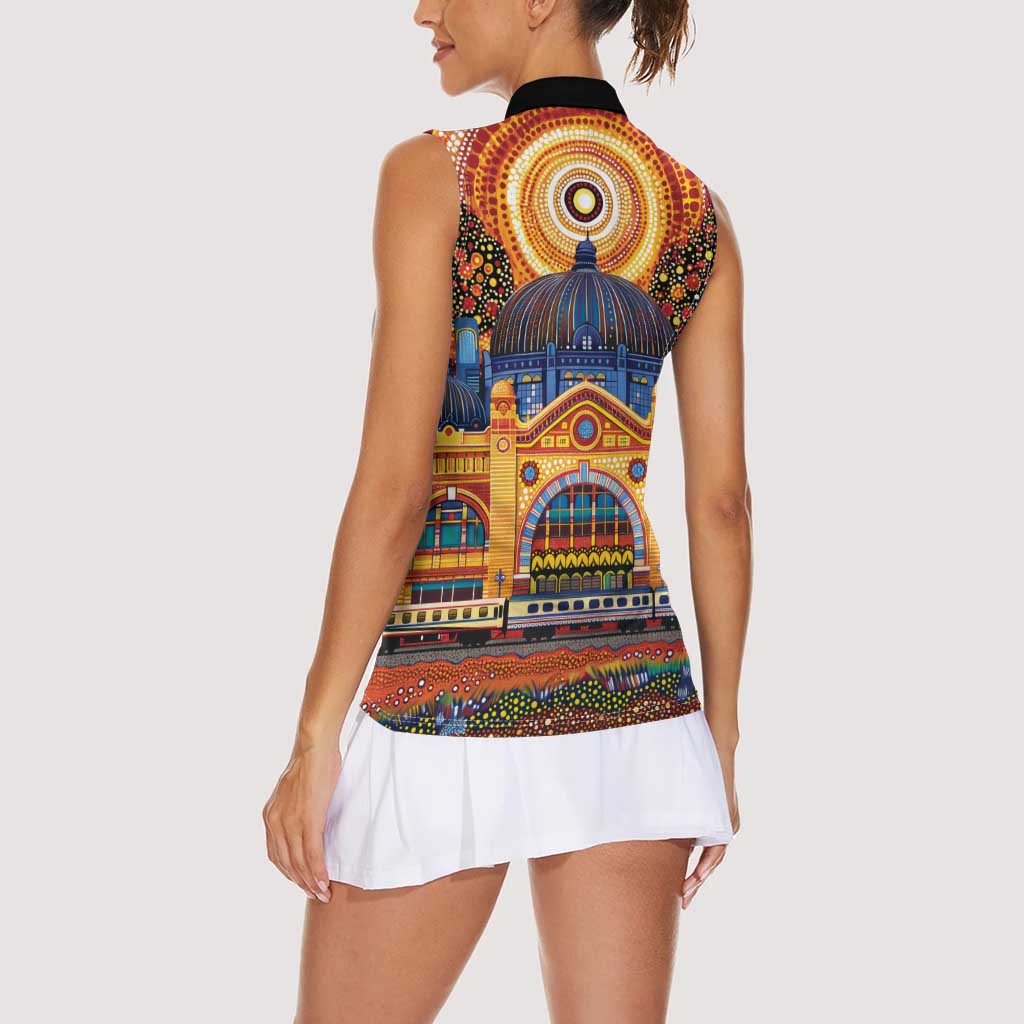 Australian Flinders Street Railway Station Women Sleeveless Polo Shirt Aboriginal Dot Painting