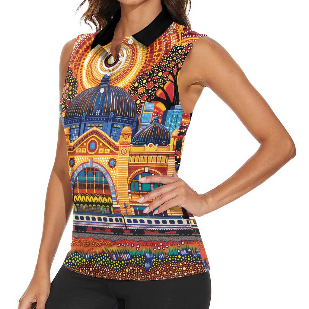Australian Flinders Street Railway Station Women Sleeveless Polo Shirt Aboriginal Dot Painting