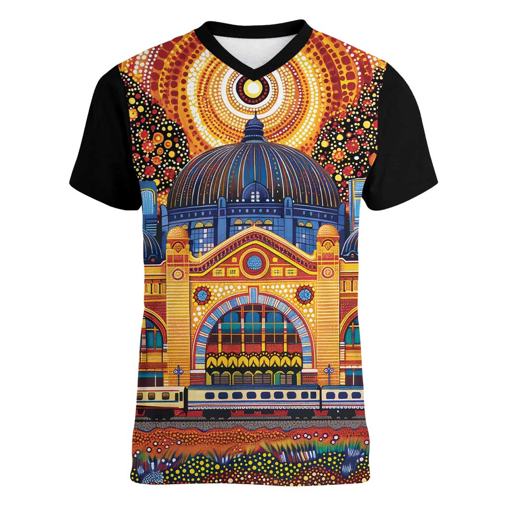 Australian Flinders Street Railway Station Women V-Neck T-Shirt Aboriginal Dot Painting