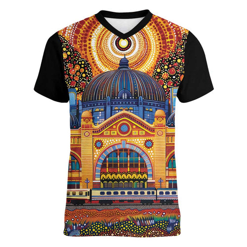 Australian Flinders Street Railway Station Women V-Neck T-Shirt Aboriginal Dot Painting