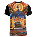 Australian Flinders Street Railway Station Women V-Neck T-Shirt Aboriginal Dot Painting