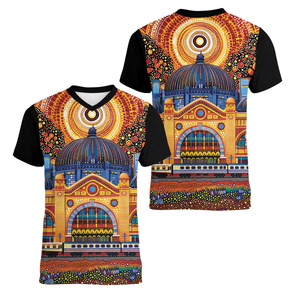 Australian Flinders Street Railway Station Women V-Neck T-Shirt Aboriginal Dot Painting