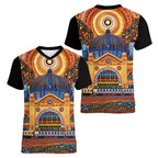 Australian Flinders Street Railway Station Women V-Neck T-Shirt Aboriginal Dot Painting