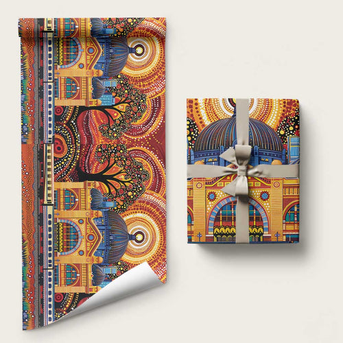 Australian Flinders Street Railway Station Wrapping Paper Aboriginal Dot Painting - Aussie Hoodie