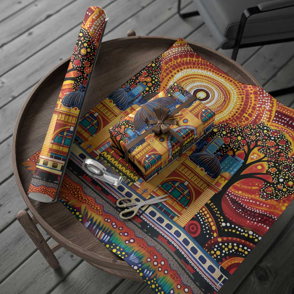 Australian Flinders Street Railway Station Wrapping Paper Aboriginal Dot Painting - Aussie Hoodie