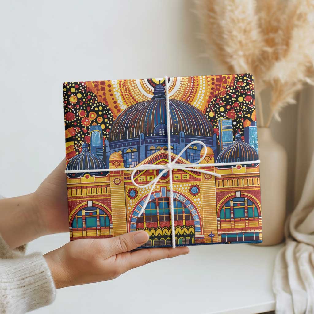 Australian Flinders Street Railway Station Wrapping Paper Aboriginal Dot Painting - Aussie Hoodie