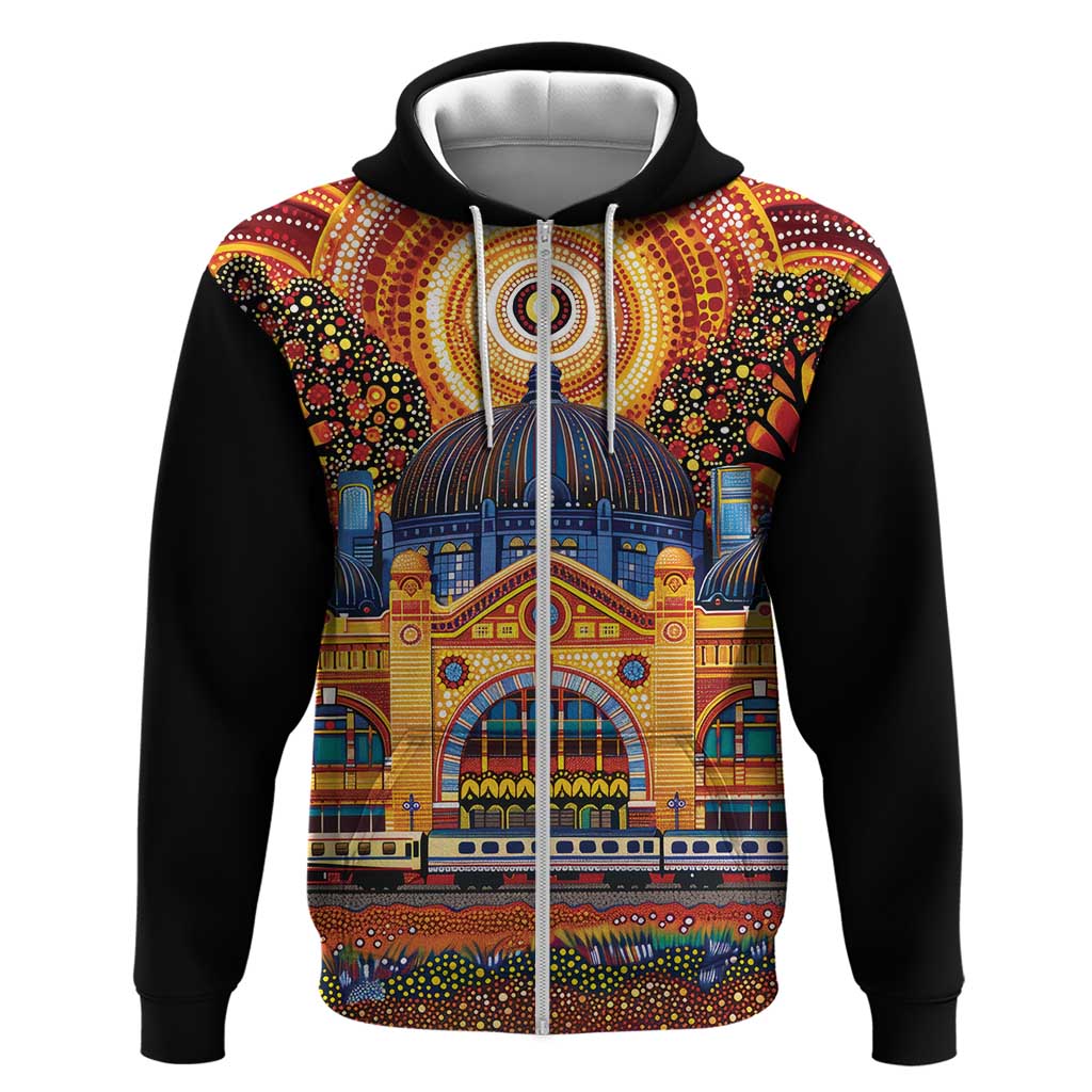 Australian Flinders Street Railway Station Zip Hoodie Aboriginal Dot Painting