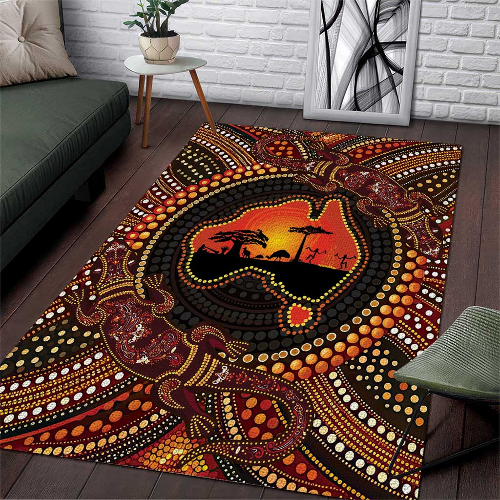 Lizard and Australia Map Area Rug Aboriginal Dot Painting