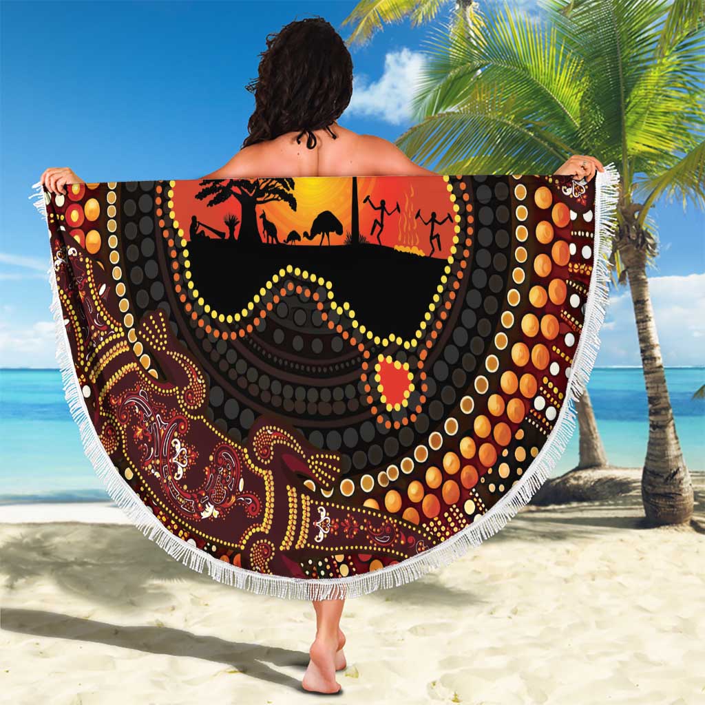 Lizard and Australia Map Beach Blanket Aboriginal Dot Painting