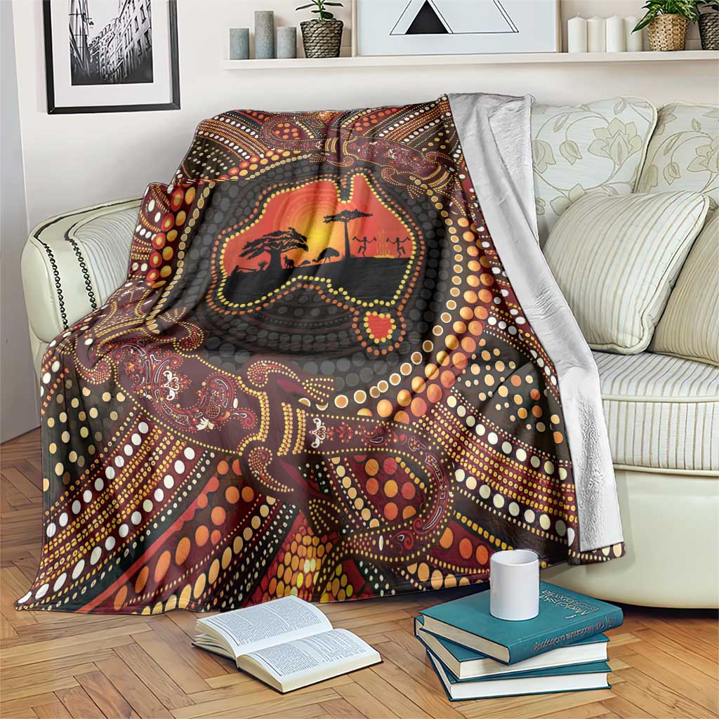 Lizard and Australia Map Blanket Aboriginal Dot Painting
