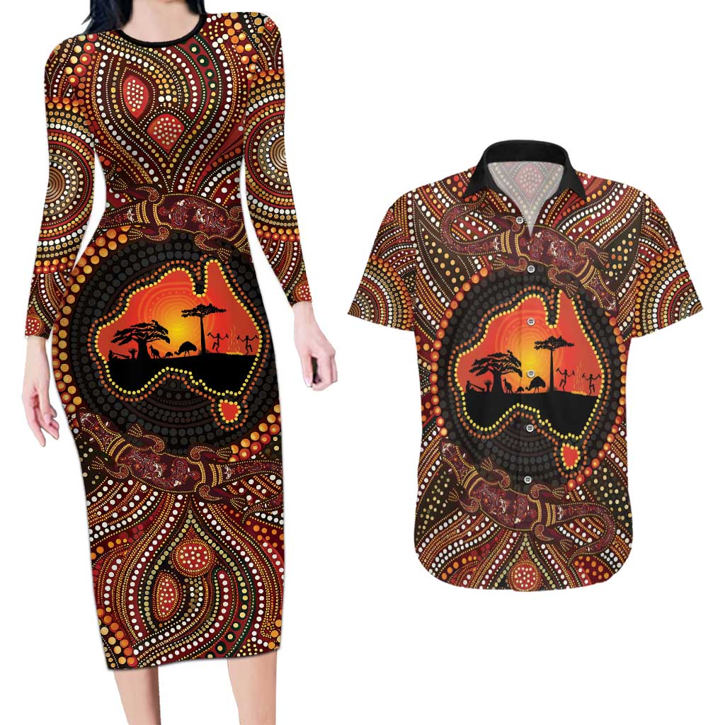 Lizard and Australia Map Couples Matching Long Sleeve Bodycon Dress and Hawaiian Shirt Aboriginal Dot Painting