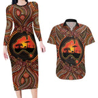 Lizard and Australia Map Couples Matching Long Sleeve Bodycon Dress and Hawaiian Shirt Aboriginal Dot Painting