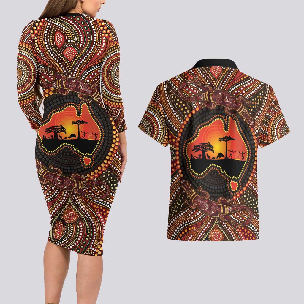 Lizard and Australia Map Couples Matching Long Sleeve Bodycon Dress and Hawaiian Shirt Aboriginal Dot Painting