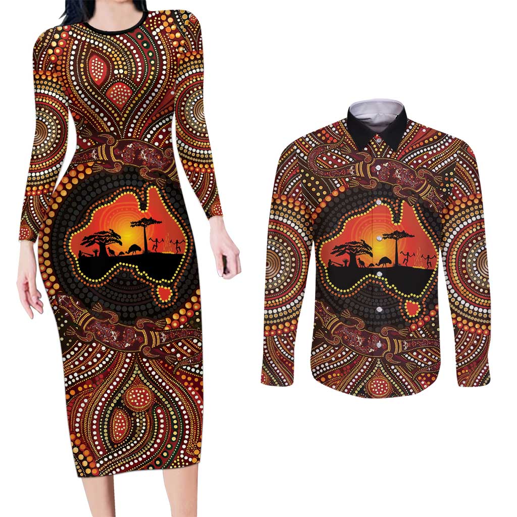 Lizard and Australia Map Couples Matching Long Sleeve Bodycon Dress and Long Sleeve Button Shirt Aboriginal Dot Painting