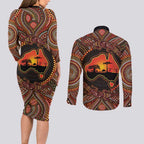 Lizard and Australia Map Couples Matching Long Sleeve Bodycon Dress and Long Sleeve Button Shirt Aboriginal Dot Painting