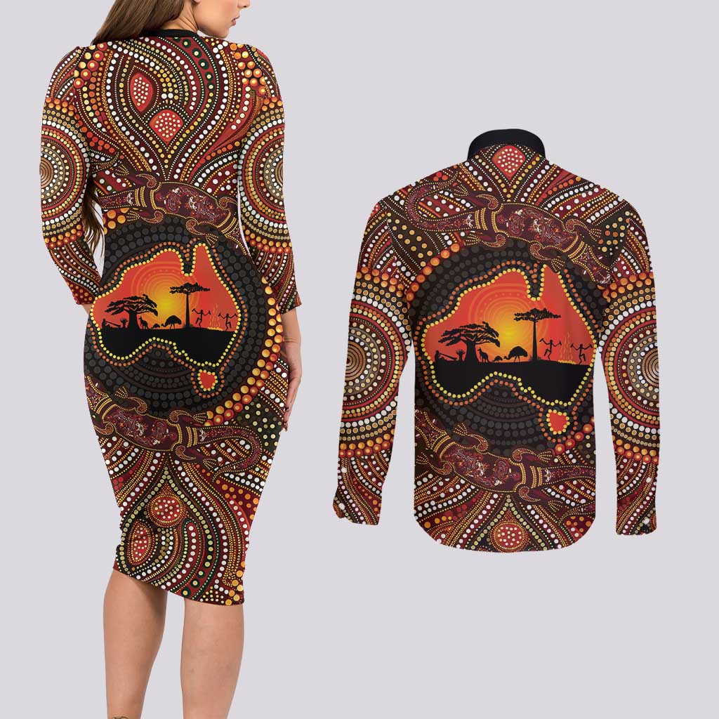 Lizard and Australia Map Couples Matching Long Sleeve Bodycon Dress and Long Sleeve Button Shirt Aboriginal Dot Painting