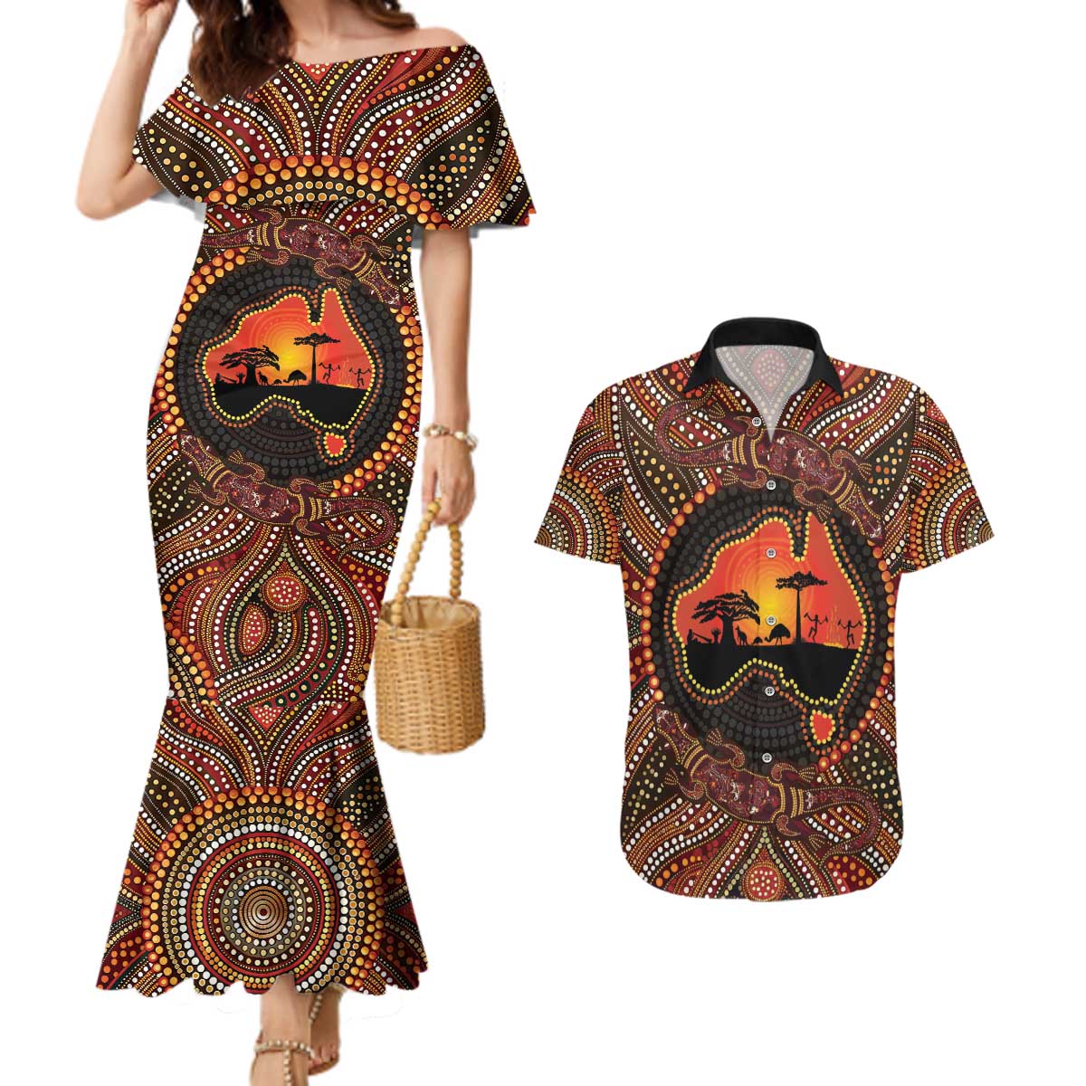 Lizard and Australia Map Couples Matching Mermaid Dress and Hawaiian Shirt Aboriginal Dot Painting