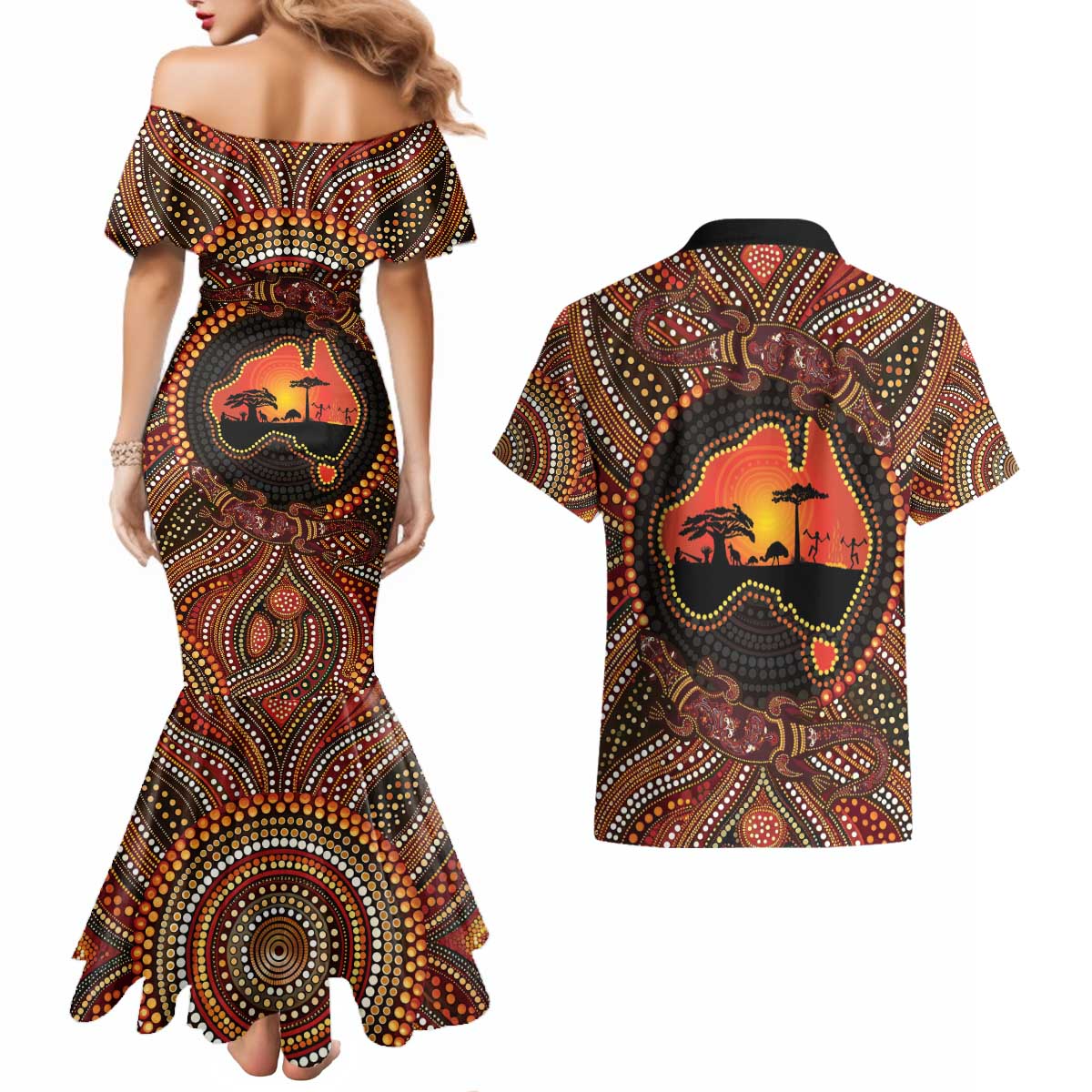 Lizard and Australia Map Couples Matching Mermaid Dress and Hawaiian Shirt Aboriginal Dot Painting