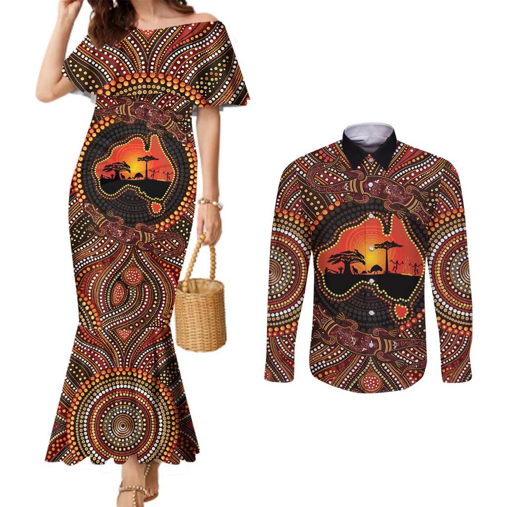 Lizard and Australia Map Couples Matching Mermaid Dress and Long Sleeve Button Shirt Aboriginal Dot Painting