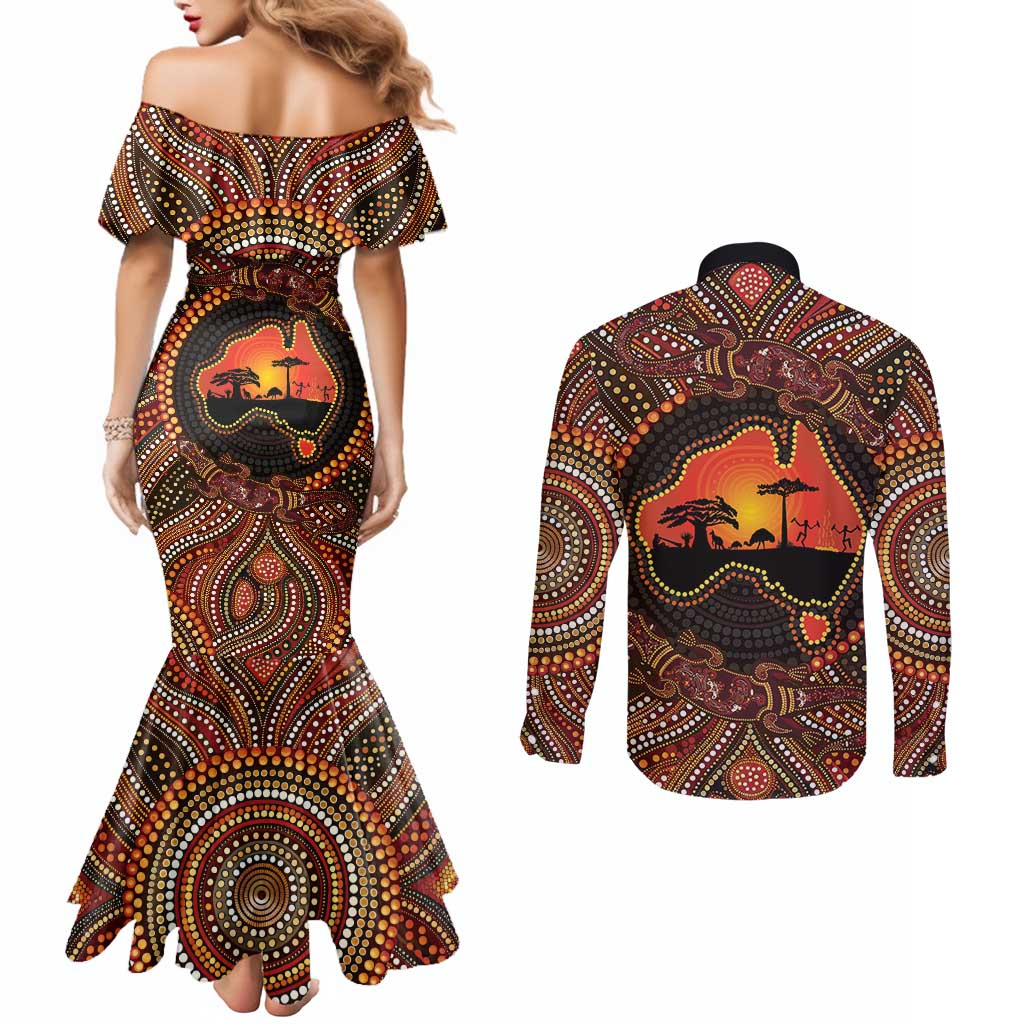 Lizard and Australia Map Couples Matching Mermaid Dress and Long Sleeve Button Shirt Aboriginal Dot Painting