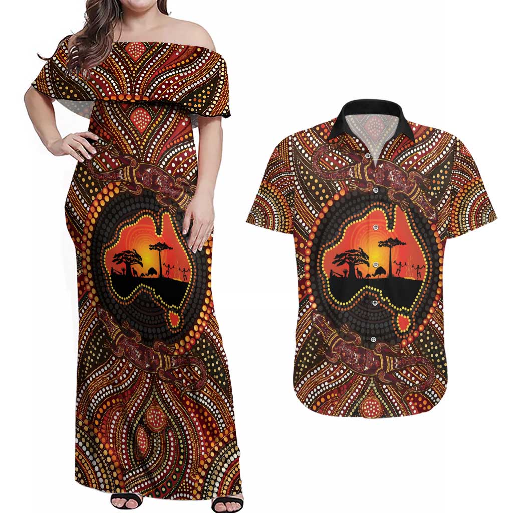 Lizard and Australia Map Couples Matching Off Shoulder Maxi Dress and Hawaiian Shirt Aboriginal Dot Painting