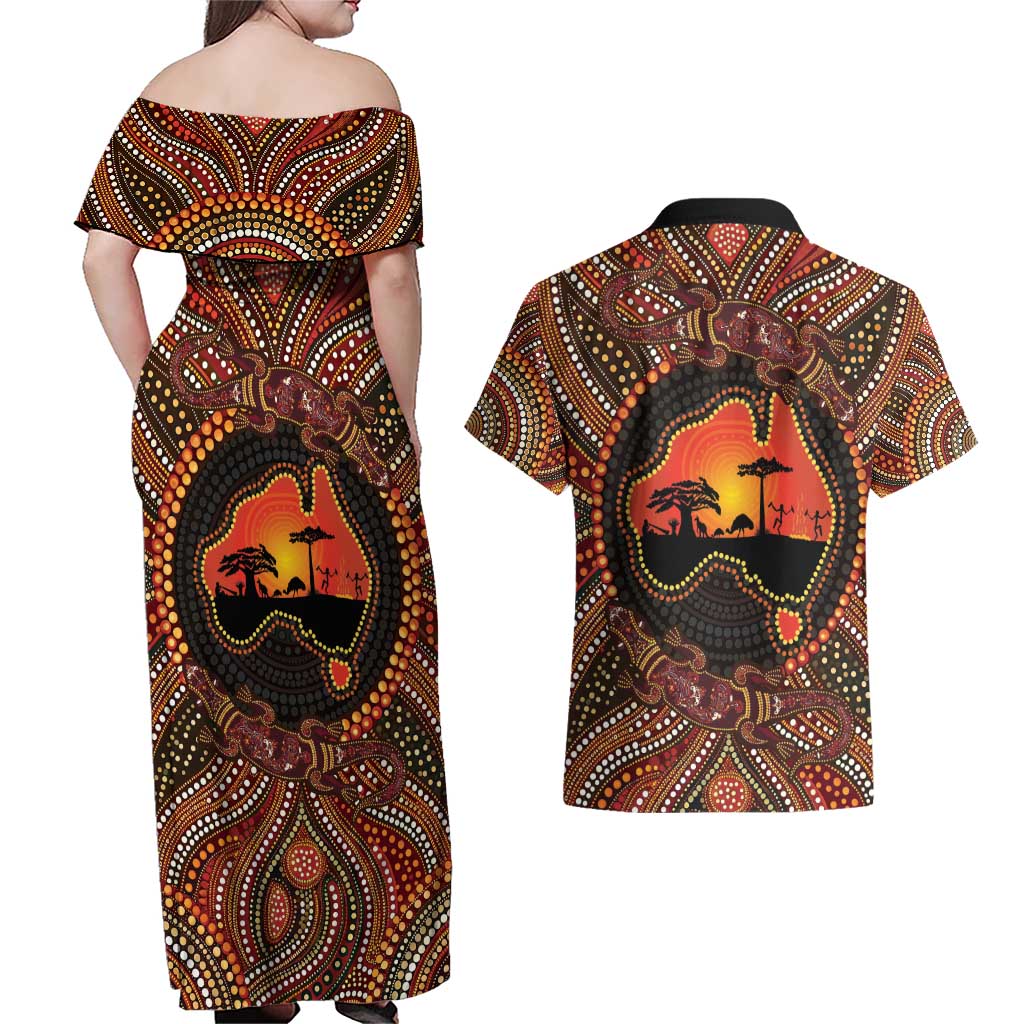 Lizard and Australia Map Couples Matching Off Shoulder Maxi Dress and Hawaiian Shirt Aboriginal Dot Painting
