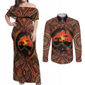 Lizard and Australia Map Couples Matching Off Shoulder Maxi Dress and Long Sleeve Button Shirt Aboriginal Dot Painting
