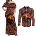 Lizard and Australia Map Couples Matching Off Shoulder Maxi Dress and Long Sleeve Button Shirt Aboriginal Dot Painting
