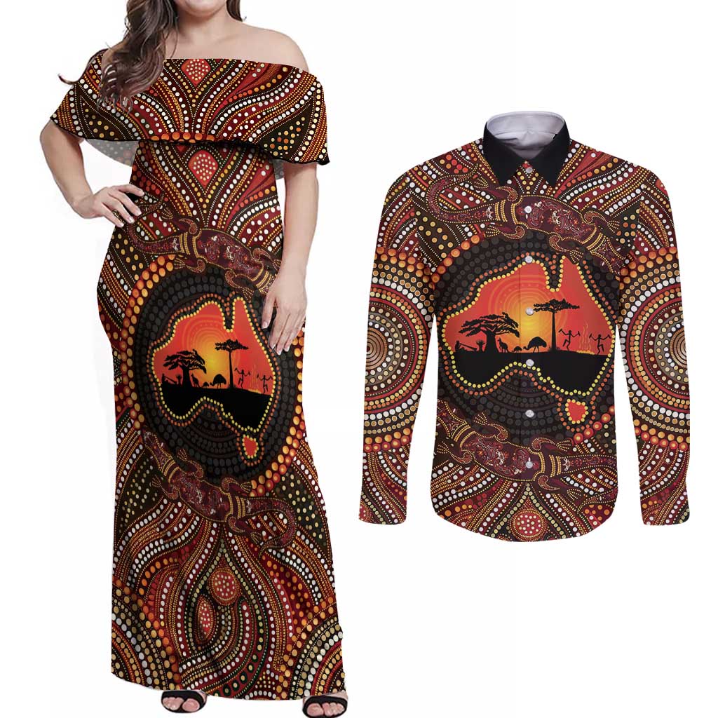 Lizard and Australia Map Couples Matching Off Shoulder Maxi Dress and Long Sleeve Button Shirt Aboriginal Dot Painting