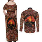 Lizard and Australia Map Couples Matching Off Shoulder Maxi Dress and Long Sleeve Button Shirt Aboriginal Dot Painting