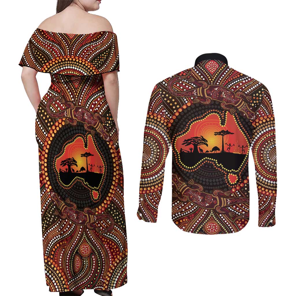Lizard and Australia Map Couples Matching Off Shoulder Maxi Dress and Long Sleeve Button Shirt Aboriginal Dot Painting