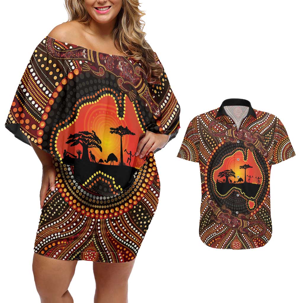 Lizard and Australia Map Couples Matching Off Shoulder Short Dress and Hawaiian Shirt Aboriginal Dot Painting