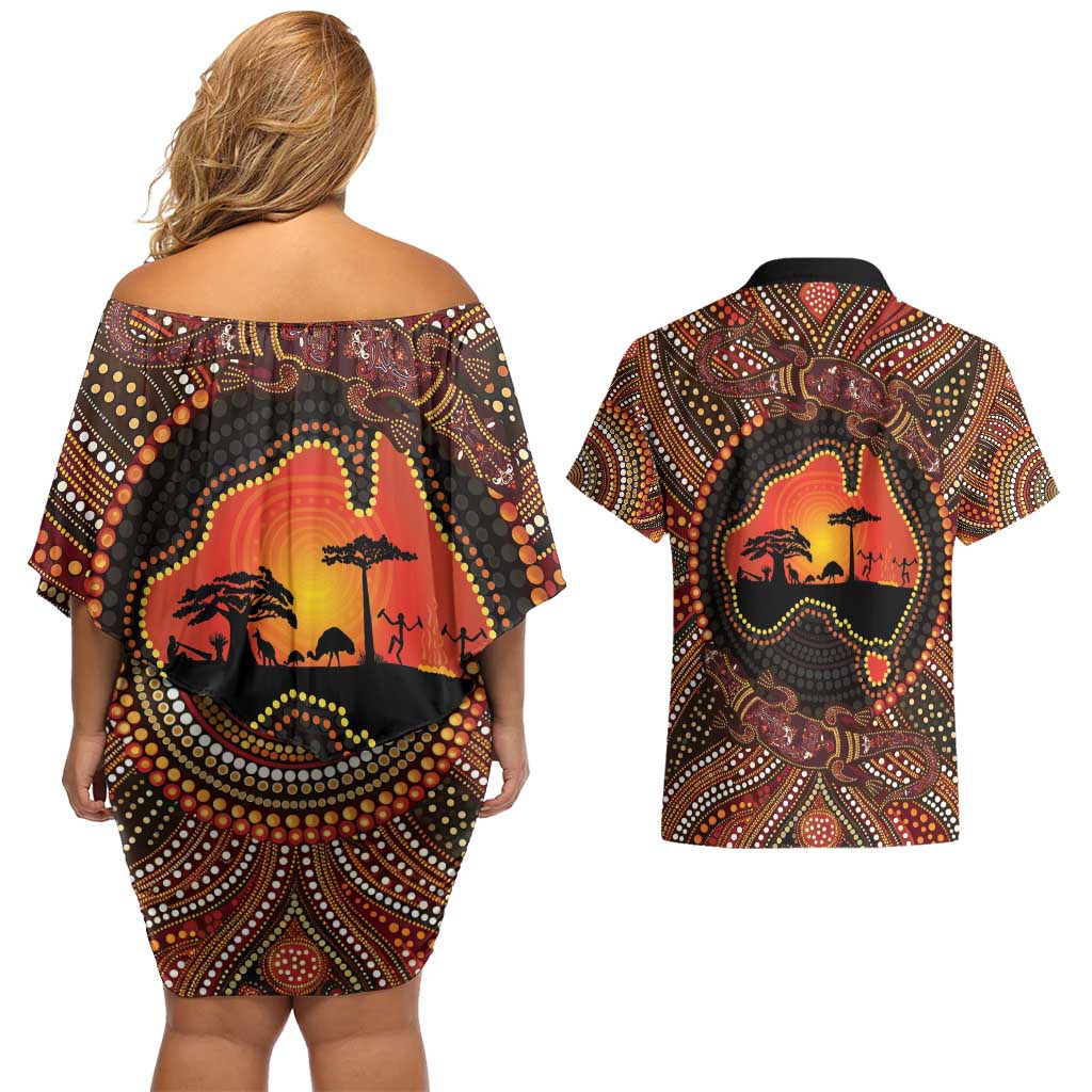 Lizard and Australia Map Couples Matching Off Shoulder Short Dress and Hawaiian Shirt Aboriginal Dot Painting