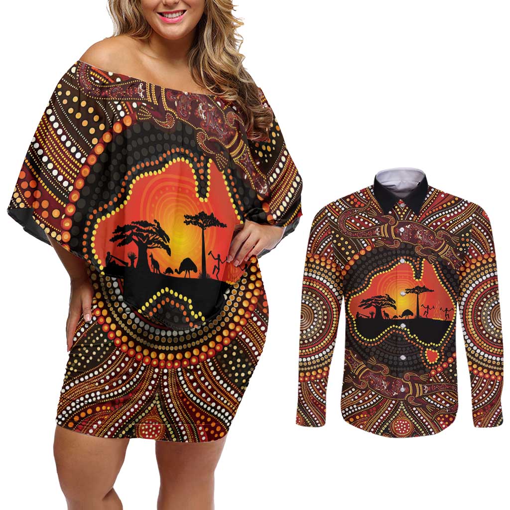 Lizard and Australia Map Couples Matching Off Shoulder Short Dress and Long Sleeve Button Shirt Aboriginal Dot Painting