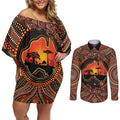 Lizard and Australia Map Couples Matching Off Shoulder Short Dress and Long Sleeve Button Shirt Aboriginal Dot Painting