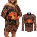Lizard and Australia Map Couples Matching Off Shoulder Short Dress and Long Sleeve Button Shirt Aboriginal Dot Painting