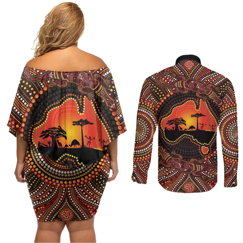 Lizard and Australia Map Couples Matching Off Shoulder Short Dress and Long Sleeve Button Shirt Aboriginal Dot Painting