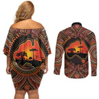 Lizard and Australia Map Couples Matching Off Shoulder Short Dress and Long Sleeve Button Shirt Aboriginal Dot Painting