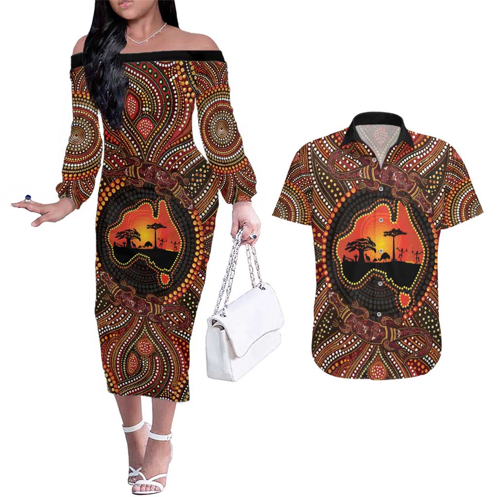 Lizard and Australia Map Couples Matching Off The Shoulder Long Sleeve Dress and Hawaiian Shirt Aboriginal Dot Painting