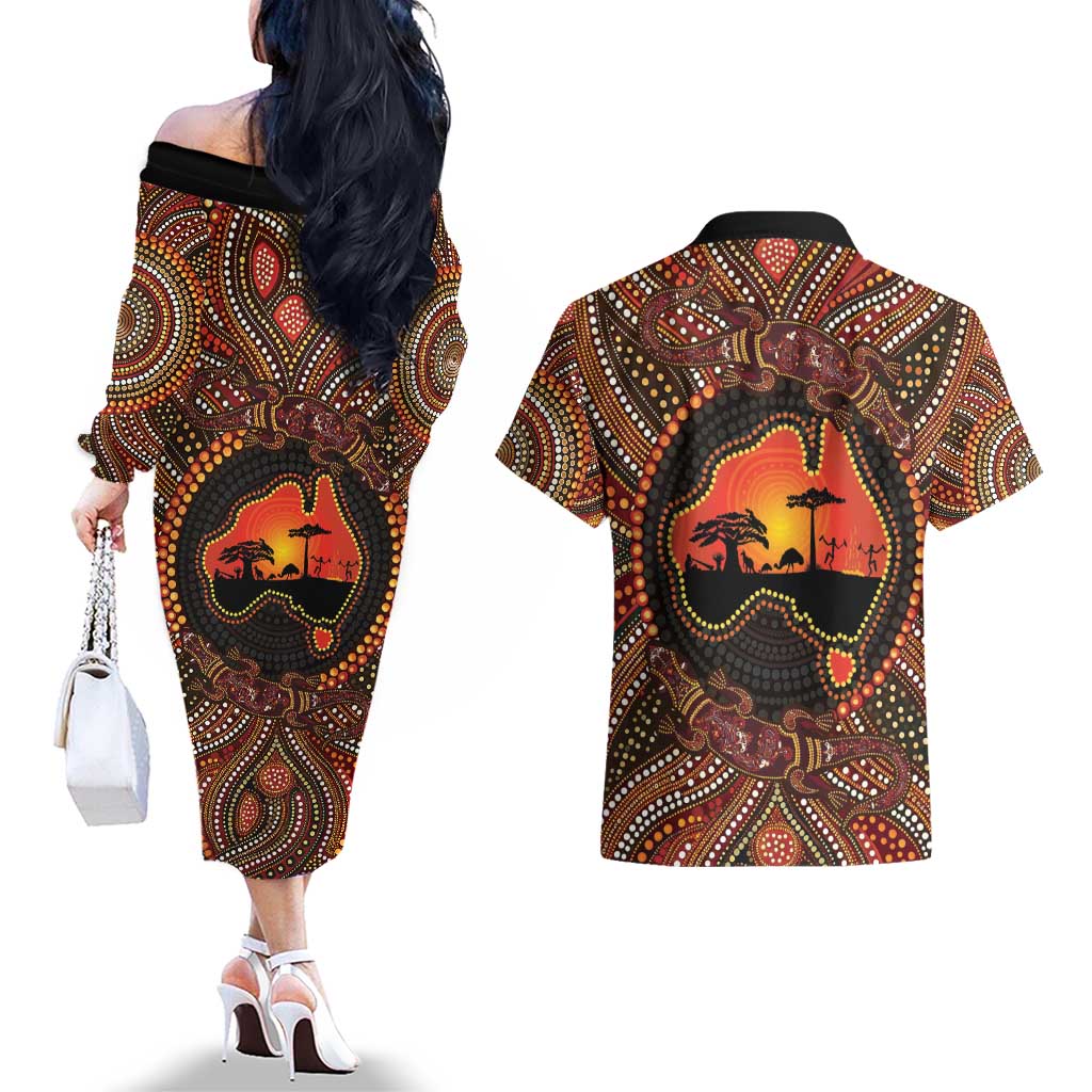 Lizard and Australia Map Couples Matching Off The Shoulder Long Sleeve Dress and Hawaiian Shirt Aboriginal Dot Painting