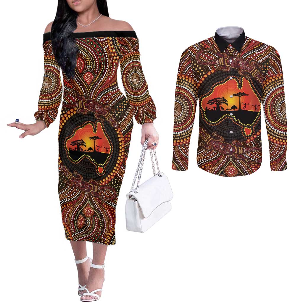 Lizard and Australia Map Couples Matching Off The Shoulder Long Sleeve Dress and Long Sleeve Button Shirt Aboriginal Dot Painting