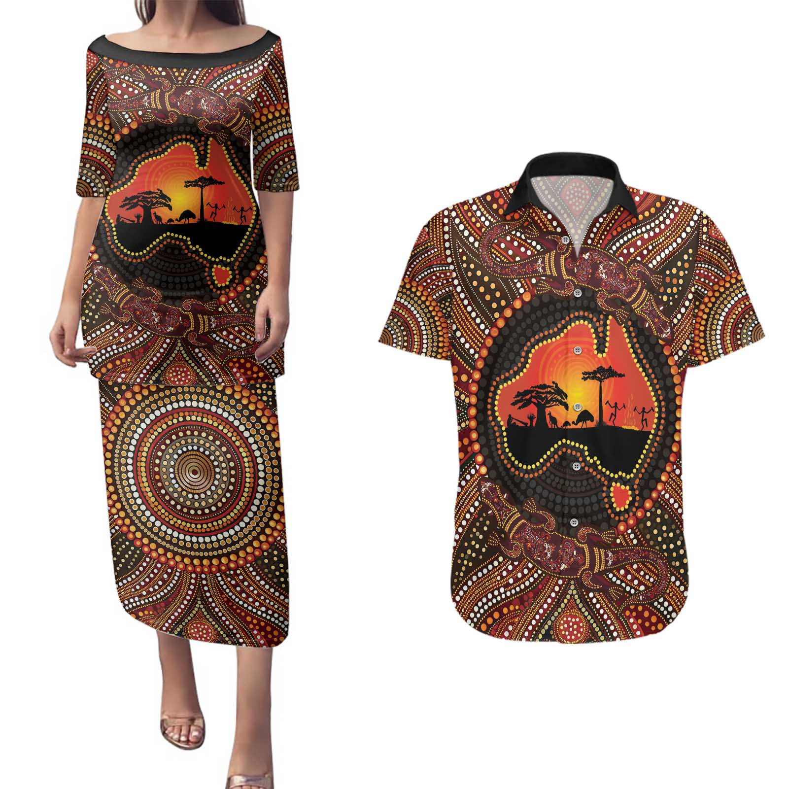 Lizard and Australia Map Couples Matching Puletasi and Hawaiian Shirt Aboriginal Dot Painting