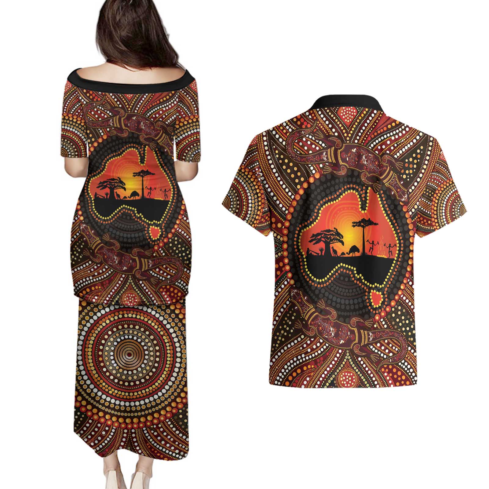 Lizard and Australia Map Couples Matching Puletasi and Hawaiian Shirt Aboriginal Dot Painting